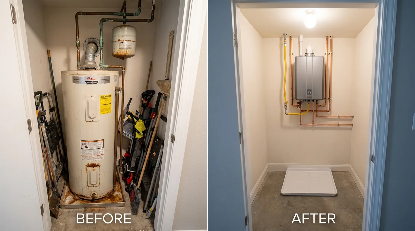 Tank water heater versus wall-mounted tankless unit comparison for Mineral Wells, TX homeowners