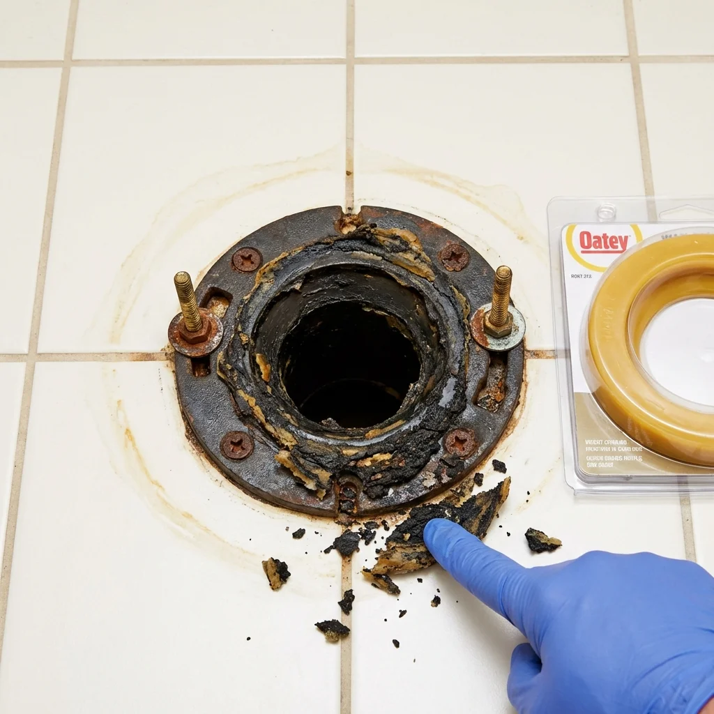 Failed wax ring showing water seepage at the base of a toilet in a Mineral Wells, TX home