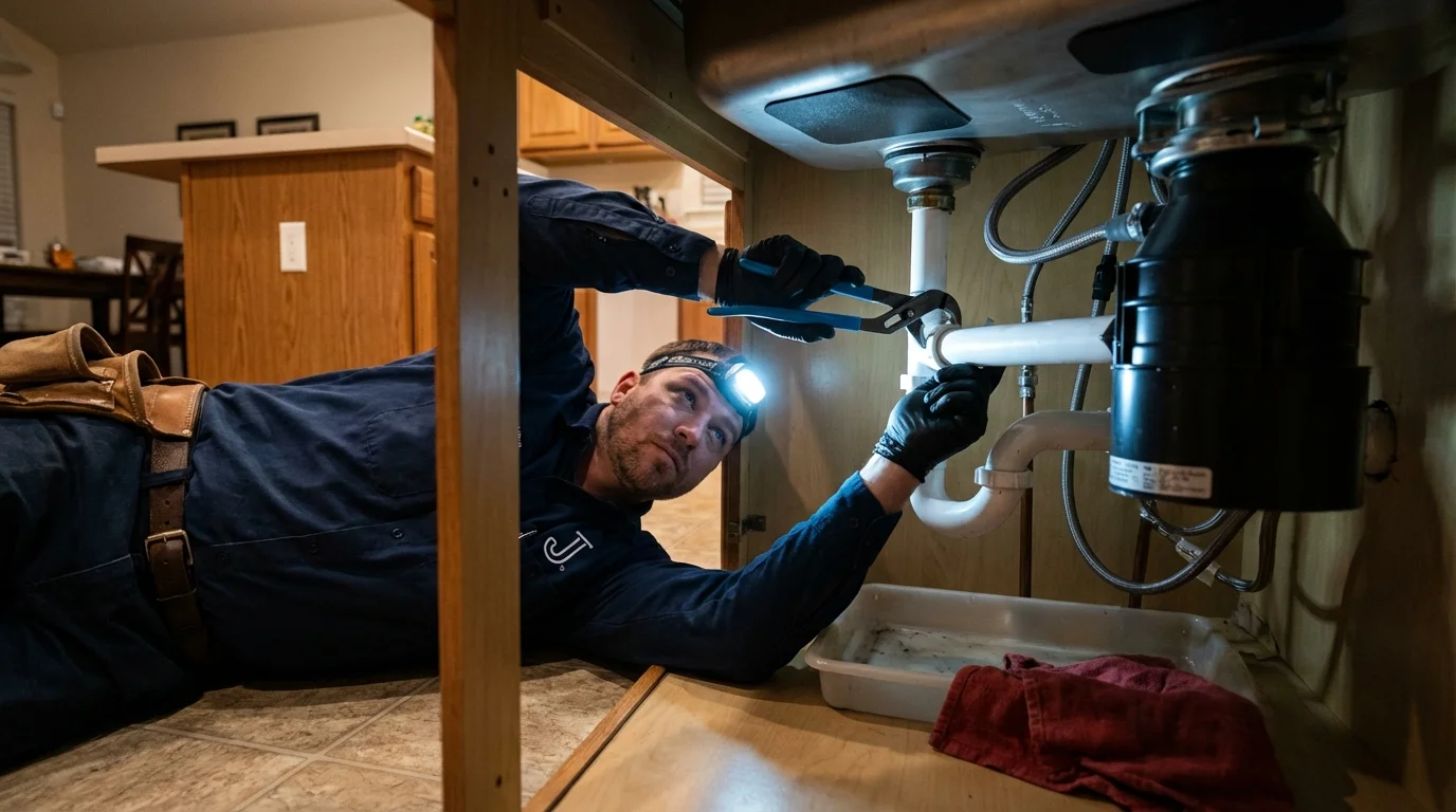 P-trap and supply line connections under a kitchen sink showing a common leak point in Mineral Wells, TX